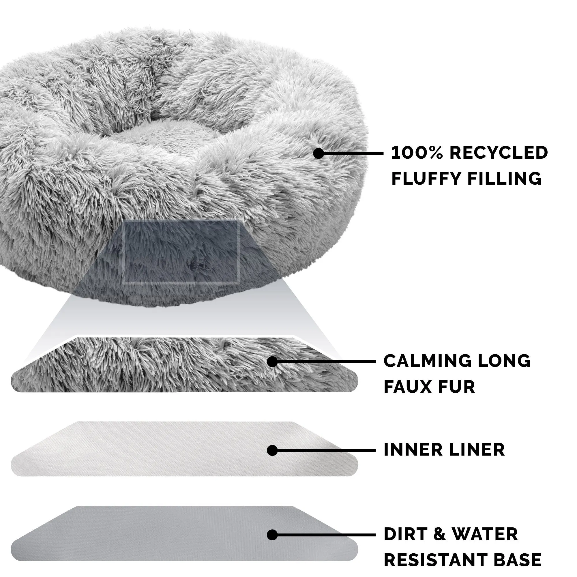 FurHaven Calming Cuddler Long Fur Donut Bed - Large 36", Mist Gray