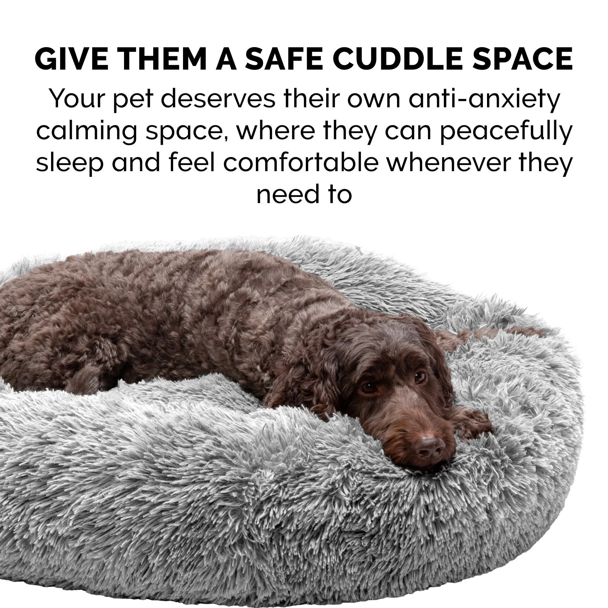 FurHaven Calming Cuddler Long Fur Donut Bed - Large 36", Mist Gray