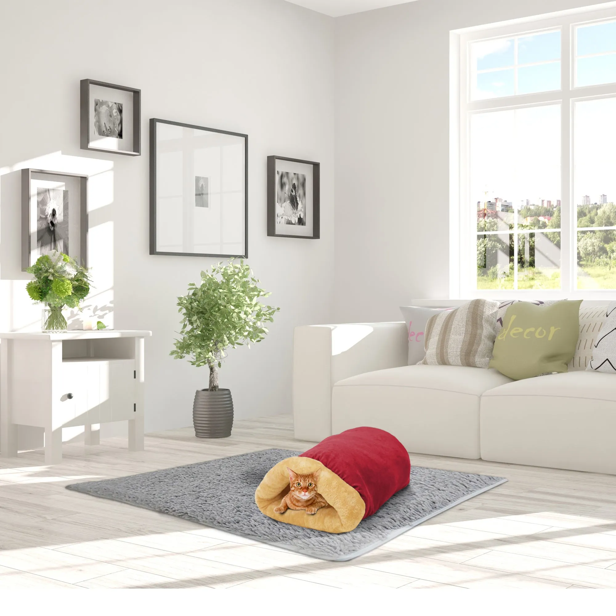 GOOPAWS 4 in 1 Self Warming Burrow Cat Bed Pet Cuddle Cave, Burgundy