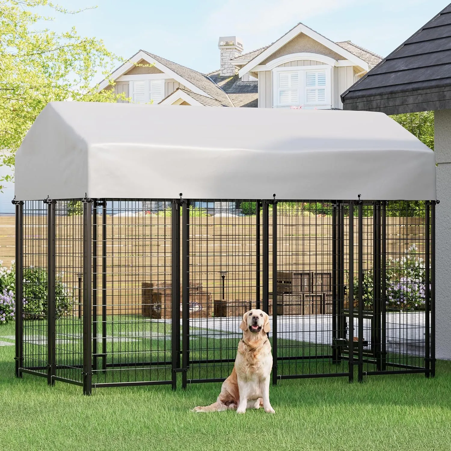 Greesum Large Outdoor Dog Kennel, Heavy Duty Welded Wire Steel Dog Playpen Fence with Secure Lock/UV-Resistant Waterproof Roof Cover/Rotaing Feeder Bowls, for Small/Medium/Large Dogs, XL