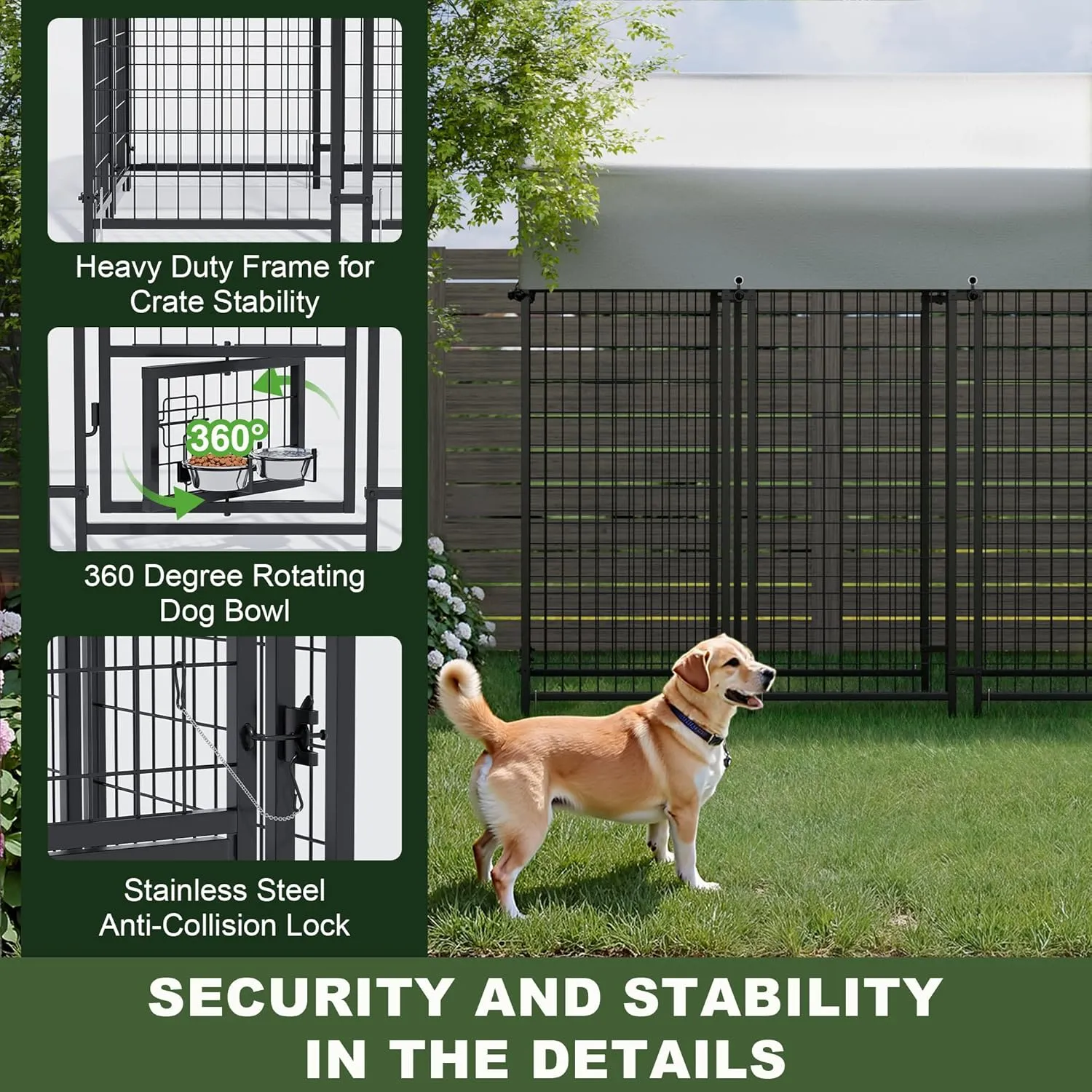 Greesum Large Outdoor Dog Kennel, Heavy Duty Welded Wire Steel Dog Playpen Fence with Secure Lock/UV-Resistant Waterproof Roof Cover/Rotaing Feeder Bowls, for Small/Medium/Large Dogs, XL