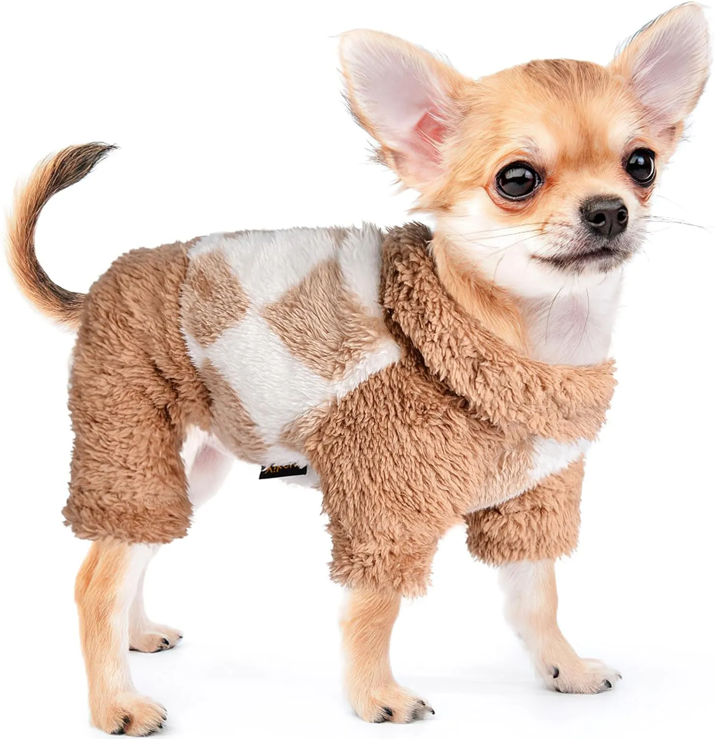 Happy New Year Turtleneck Dog Pajamas for Small Dogs, Fleece Sweater Winter Cute Tiny Clothes Outfit, Puppy Pet Jumpsuits Chihuahua Yorkie Cat Clothing(Beige, Medium)