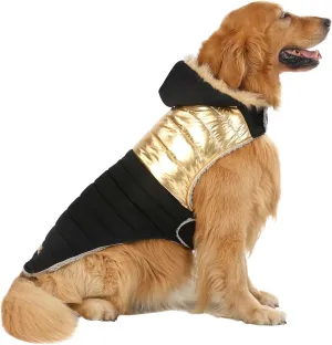 HDE Dog Puffer Jacket Fleece Lined Warm Dog Parka Winter Coat with Harness Hole 90s Black and Gold Metallic - XL