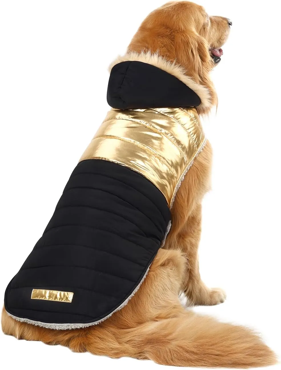 HDE Dog Puffer Jacket Fleece Lined Warm Dog Parka Winter Coat with Harness Hole 90s Black and Gold Metallic - XL
