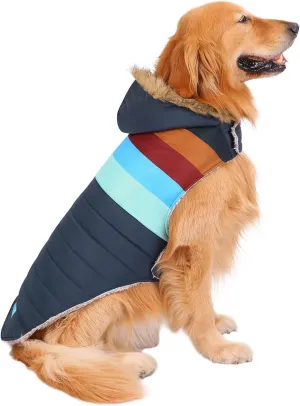 HDE Dog Puffer Jacket Fleece Lined Warm Dog Parka Winter Coat with Harness Hole Navy Retro Stripe - XL