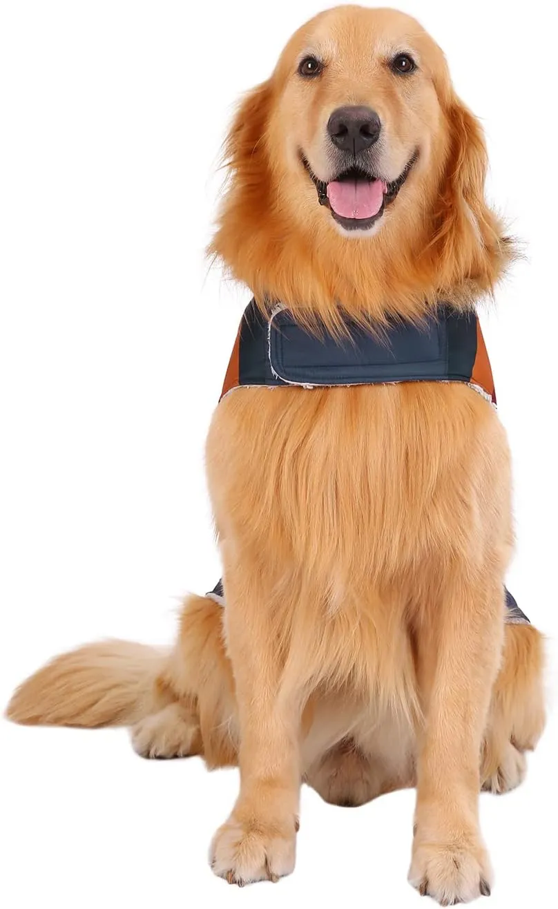 HDE Dog Puffer Jacket Fleece Lined Warm Dog Parka Winter Coat with Harness Hole Navy Retro Stripe - XL