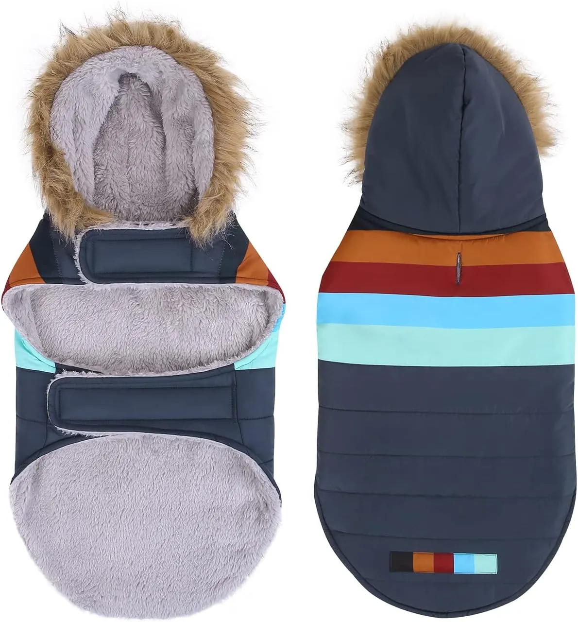 HDE Dog Puffer Jacket Fleece Lined Warm Dog Parka Winter Coat with Harness Hole Navy Retro Stripe - XL