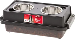 IRIS USA 2-in-1 Elevated Dog Bowls 6" H with Airtight Pet Food Storage Container Holds Up to 5 Lbs, Removable 2 Thick 16 oz Stainless Steel Bowls, at Home or Camping Pet Dish Bowl Set, Smoke/Black
