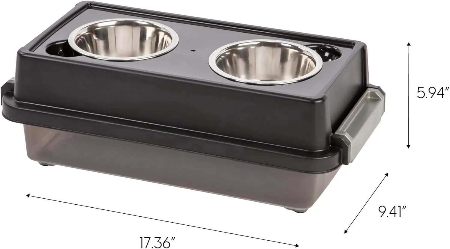 IRIS USA 2-in-1 Elevated Dog Bowls 6" H with Airtight Pet Food Storage Container Holds Up to 5 Lbs, Removable 2 Thick 16 oz Stainless Steel Bowls, at Home or Camping Pet Dish Bowl Set, Smoke/Black