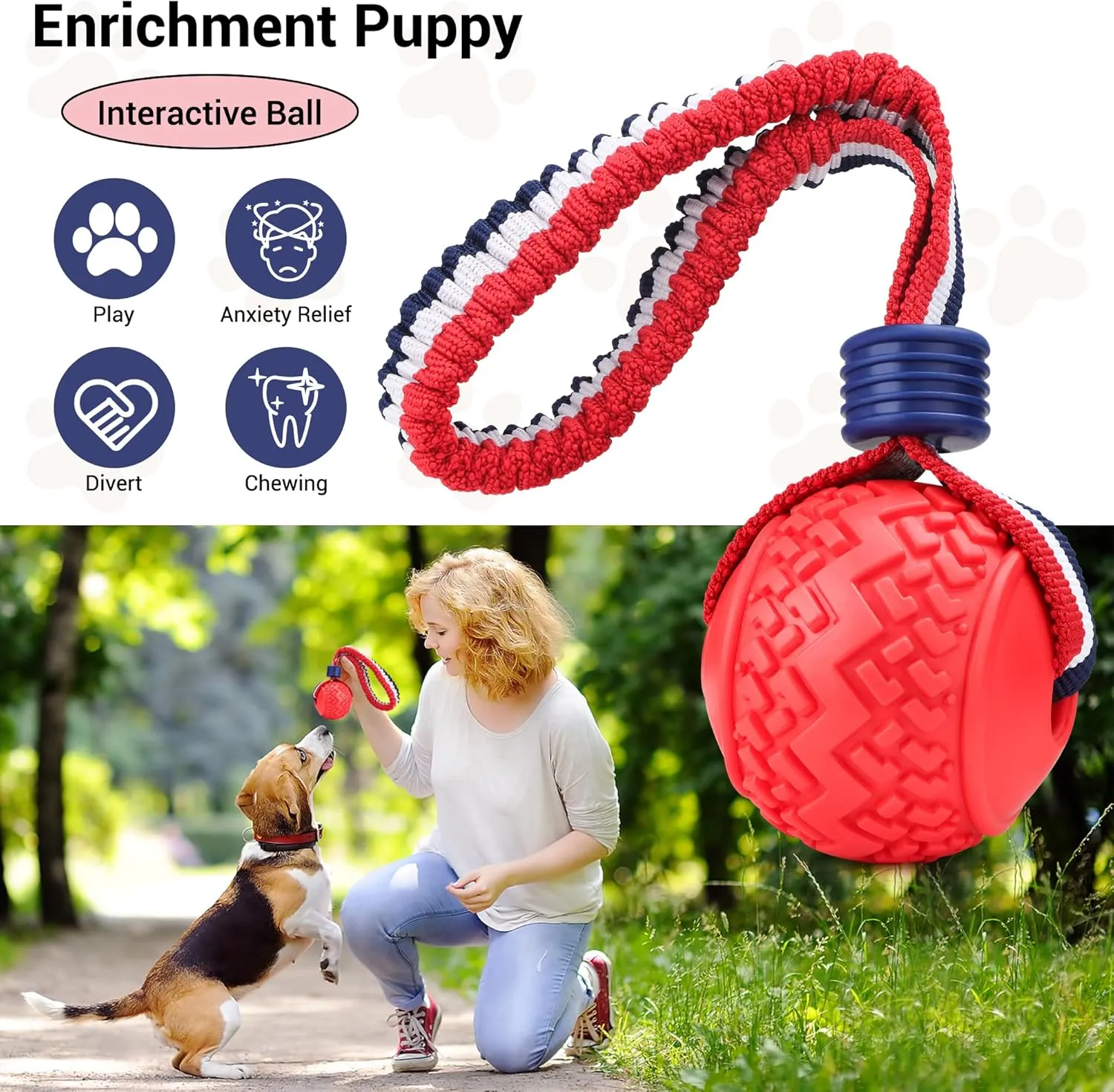 JAKPAK Dog Rope Toys Interactive Rope & Durable Bouncing Rubber Interactive Ball Combo, Ideal for Tug of War, Fetch - Promote Dental Health, Dog Breeds & Indoor/Outdoor Play Red