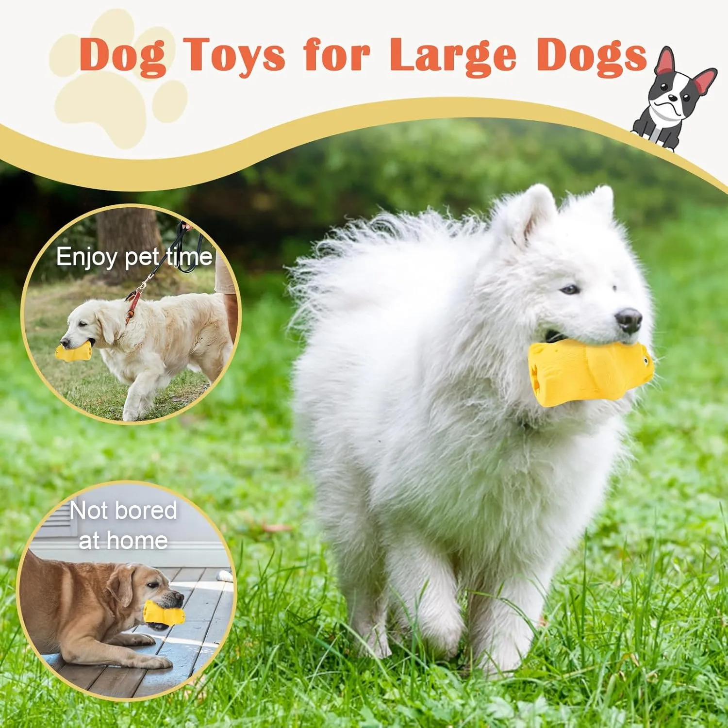 Large Dog Chew Toys: Rubber Treat Dispensing Toy for Aggressive Chewers, Tough Dog Toys for Large Dogs, Dog Teeth Cleaning Toy, Interactive Dog Toys for Small, Medium, Large Dogs, yellow