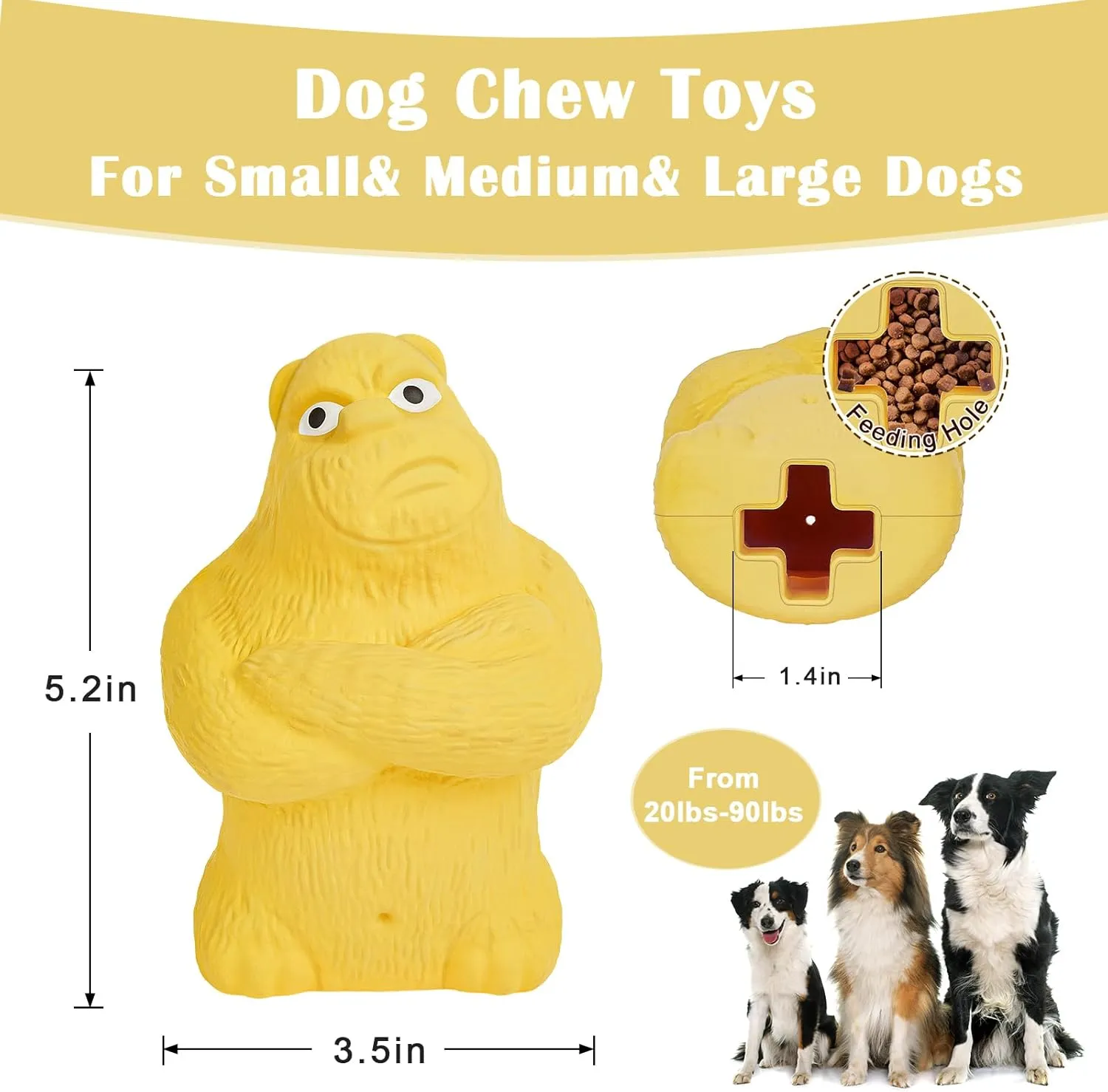 Large Dog Chew Toys: Rubber Treat Dispensing Toy for Aggressive Chewers, Tough Dog Toys for Large Dogs, Dog Teeth Cleaning Toy, Interactive Dog Toys for Small, Medium, Large Dogs, yellow