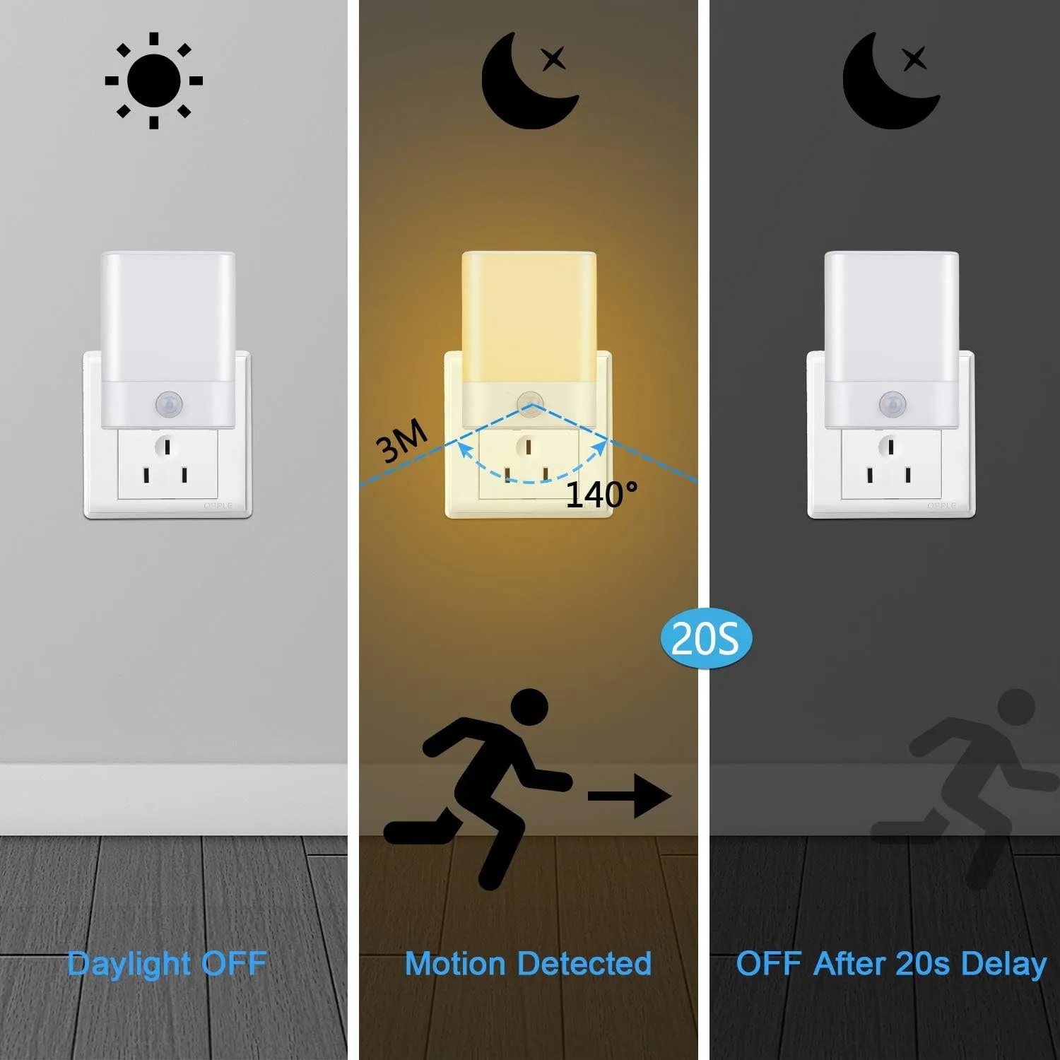 Motion Sensor Night Light with Dusk to Dawn Sensor, Big Illunimation Area with Adjustable Brightness 3 Mode AUTO/ON/Off for Kids'room, Toilet, Bedroom, Hallway,Stairs, Kitchen. 1 Pack
