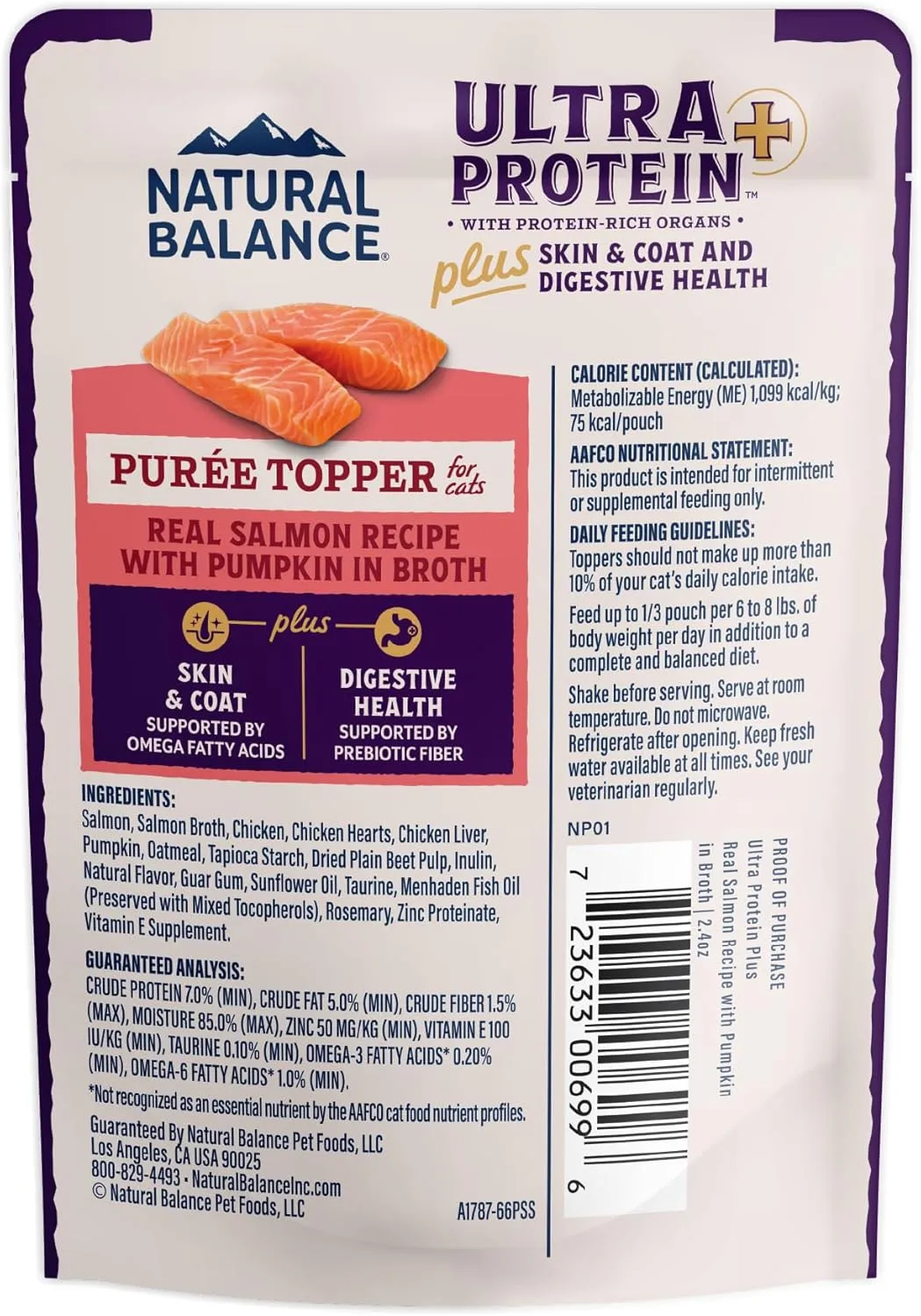 Natural Balance Ultra Protein Plus Wet Cat Food, Skin & Coat and Digestive Health Real Salmon With Pumpkin Puree Topper With Chicken Liver & Chicken Heart, High Protein Cat Food - 2.4 oz. (Pack of 24)
