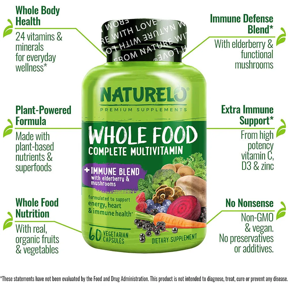 Naturelo Whole Food Multivitamin   Immune Blend with Elderberry & Mushrooms 60 Vegan Caps 2-PACK