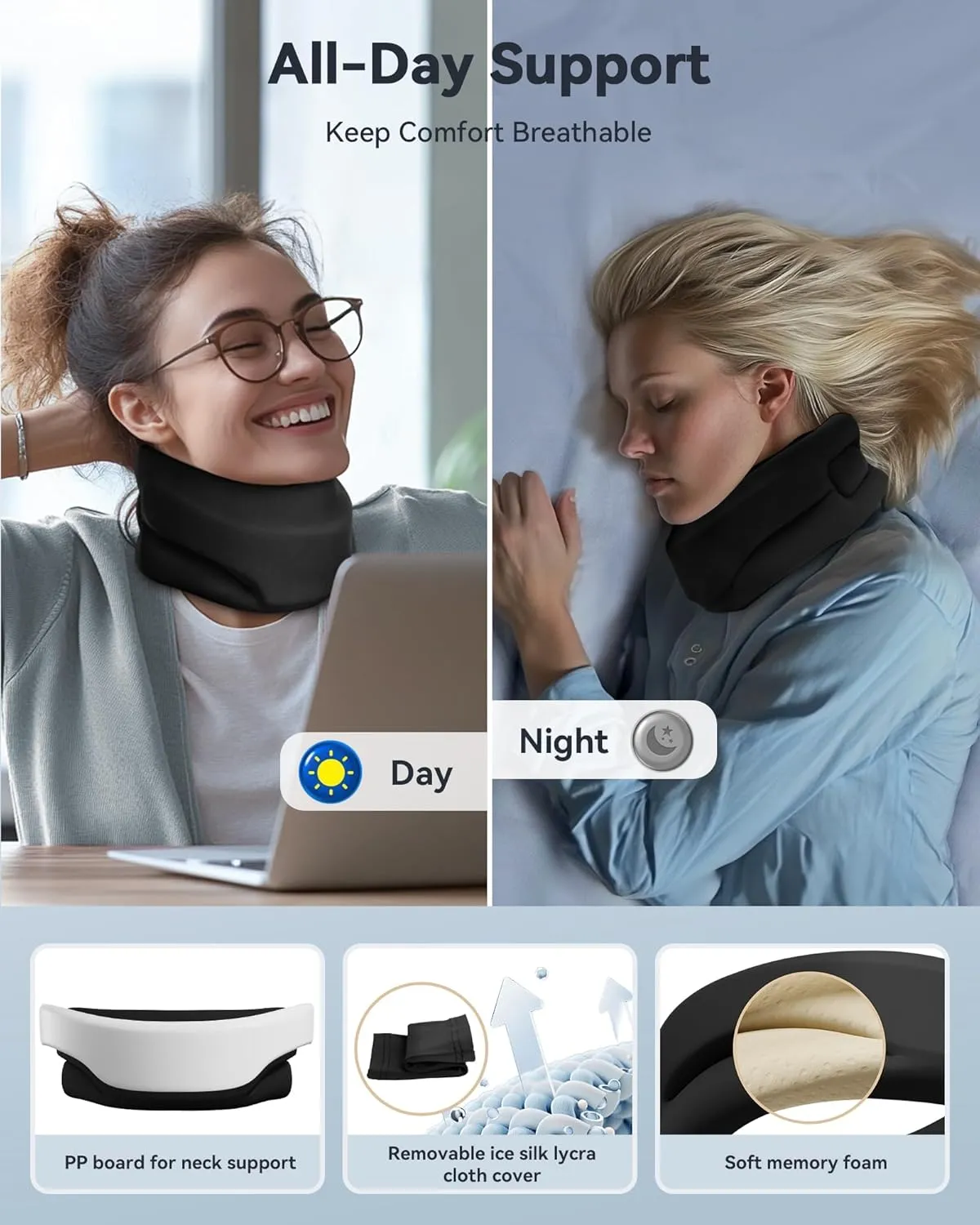 Neck Brace Cervical Collar - Neck Support Brace for Sleeping, Soft Foam Wraps Keep Vertebrae Stable and Aligned for Relief of Cervical Spine Pressure Black Medium(12.6-15.8 Inch)