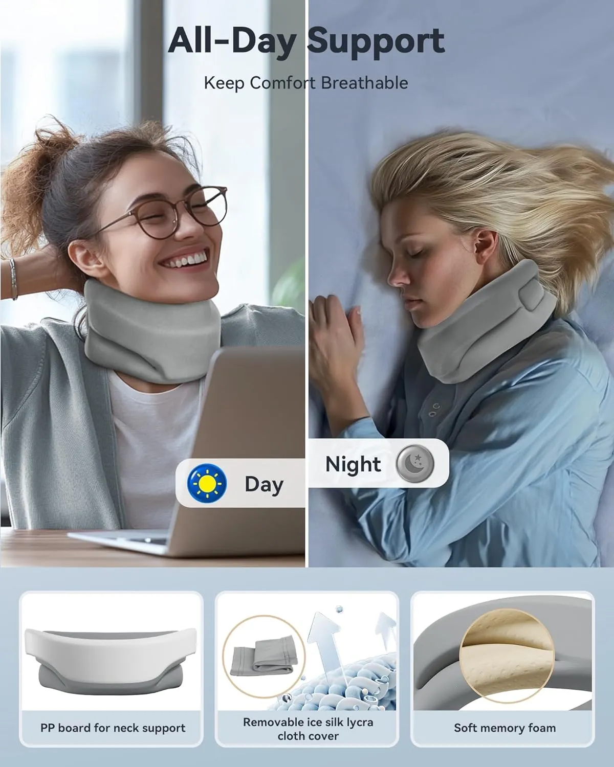 Neck Brace Cervical Collar - Neck Support Brace for Sleeping, Soft Foam Wraps Keep Vertebrae Stable and Aligned for Relief of Cervical Spine Pressure Gray Medium(12.6-15.8 Inch)