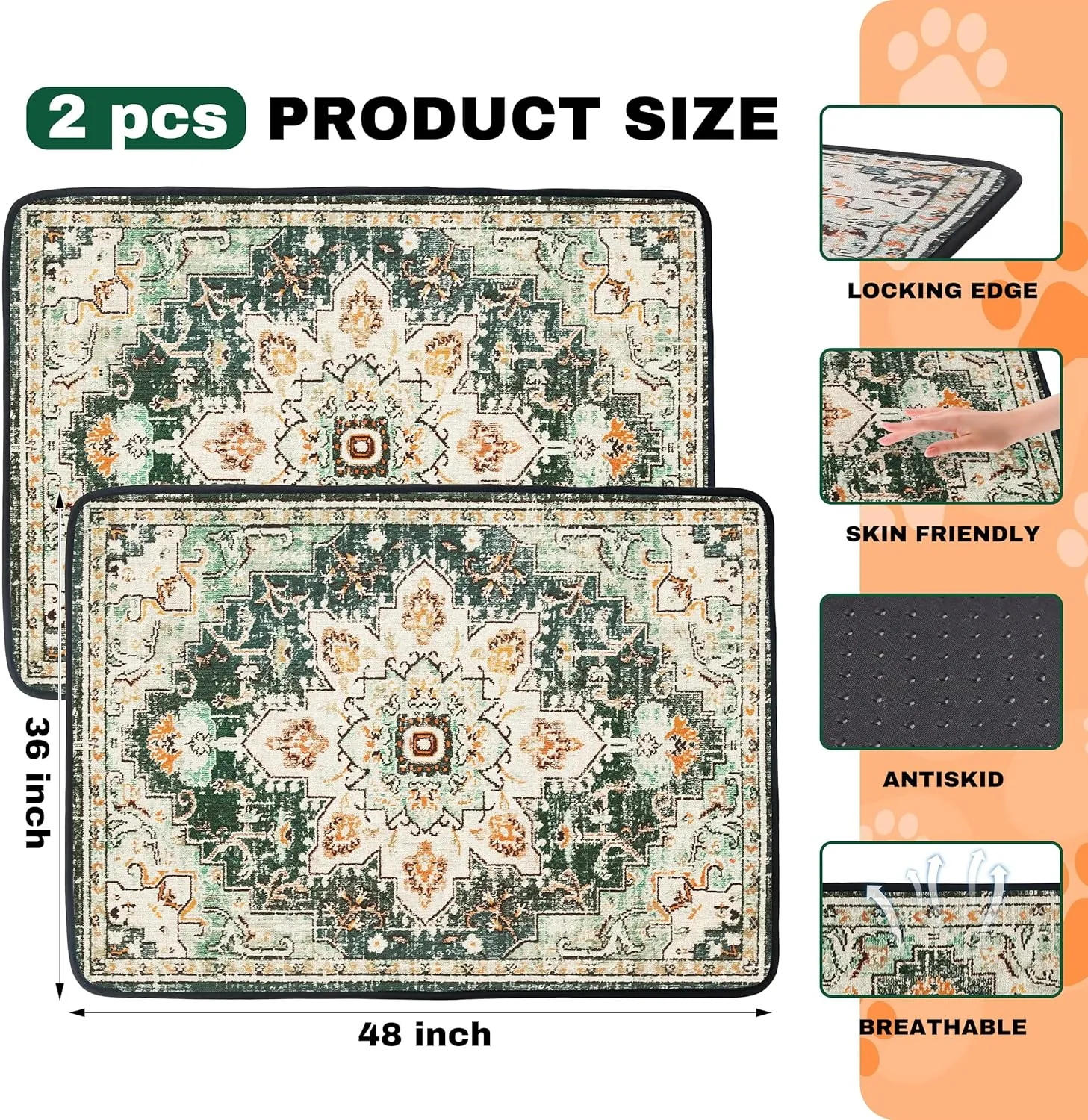 PatiencET Washable Pee Pads for Dogs, 36'' x 48" Super Absorbent Leakproof Reusable Puppy Pads, 2 Pack Dog Training Pad Potty Pad Whelping Pad with Non-Slip Bottom for Housebreaking Incontinence Green