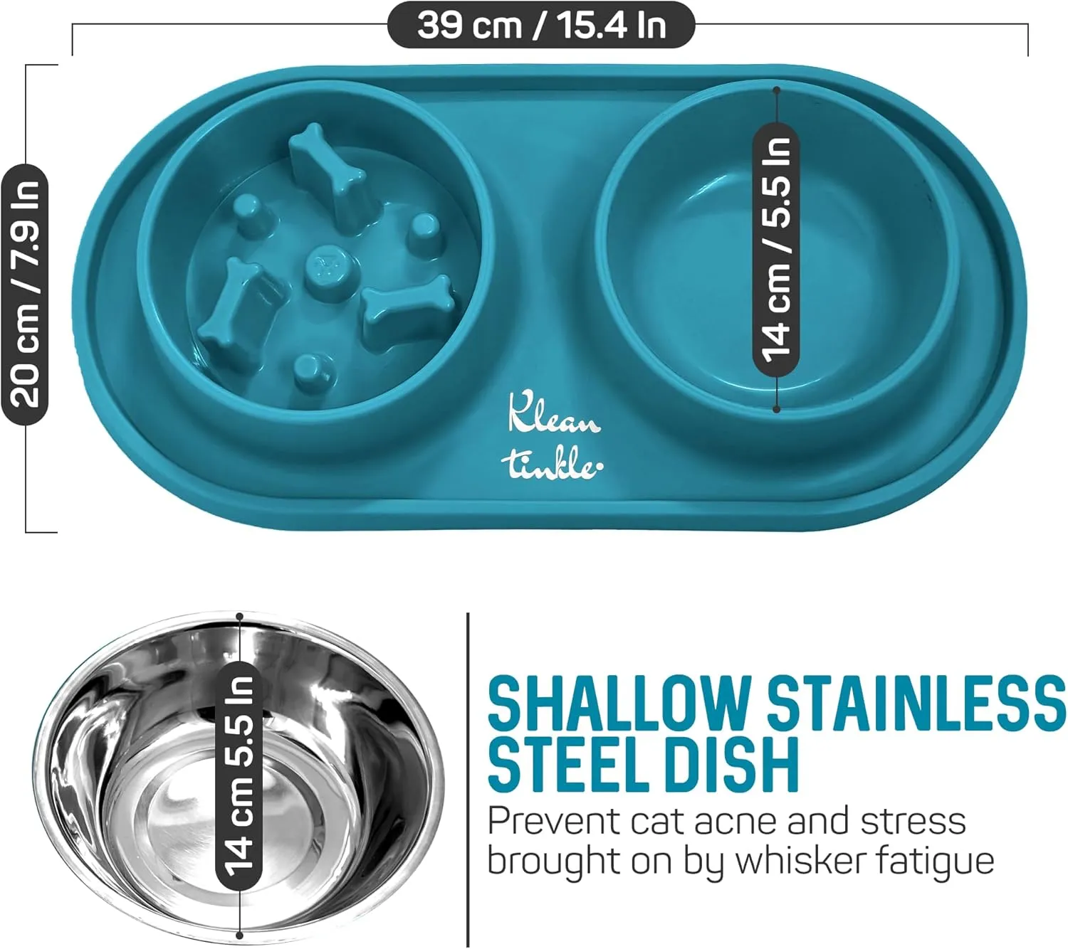 Pets Anti Skid Double Slow Feeder Dog Bowls with Non Skid Silicone Mat - Stainless Steel Dog Water Bowl for Cats & Pets Beautiful Dirty Blue Color
