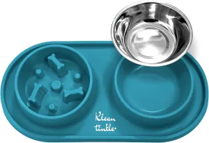 Pets Anti Skid Double Slow Feeder Dog Bowls with Non Skid Silicone Mat - Stainless Steel Dog Water Bowl for Cats & Pets Beautiful Dirty Blue Color