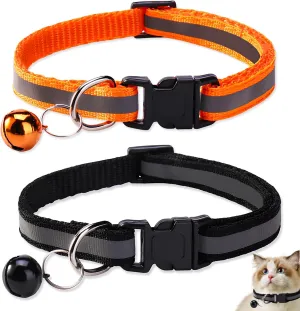 Reflective Cat Collar Breakaway with Bells,2 PCS Kitten Collar for Boy and Girl Cats,Adjustable 7.5-12.6 Inch,Easy to Install(Black Orange)