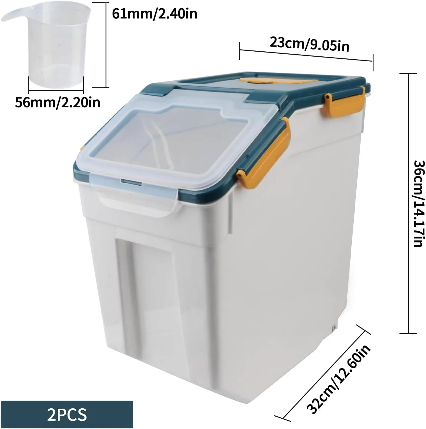 Rice Container 25 lbs Airtight Flour Storage Containers with Wheels Seal Locking Lid, BPA Free, Rice Bin with Measuring Cup & Scoop for Flour, Sugar, Cereal (2 Pack Blue)