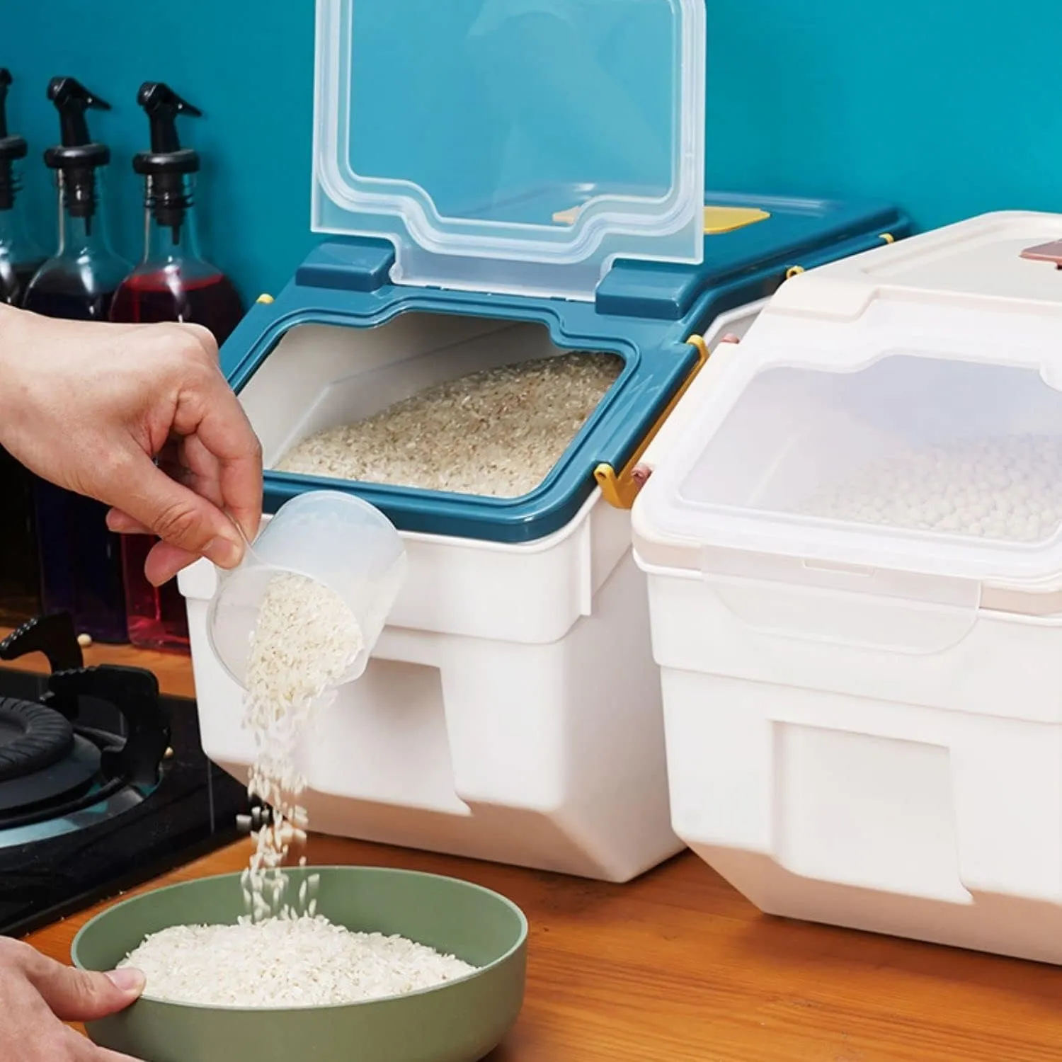 Rice Container 25 lbs Airtight Flour Storage Containers with Wheels Seal Locking Lid, BPA Free, Rice Bin with Measuring Cup & Scoop for Flour, Sugar, Cereal (2 Pack Blue)