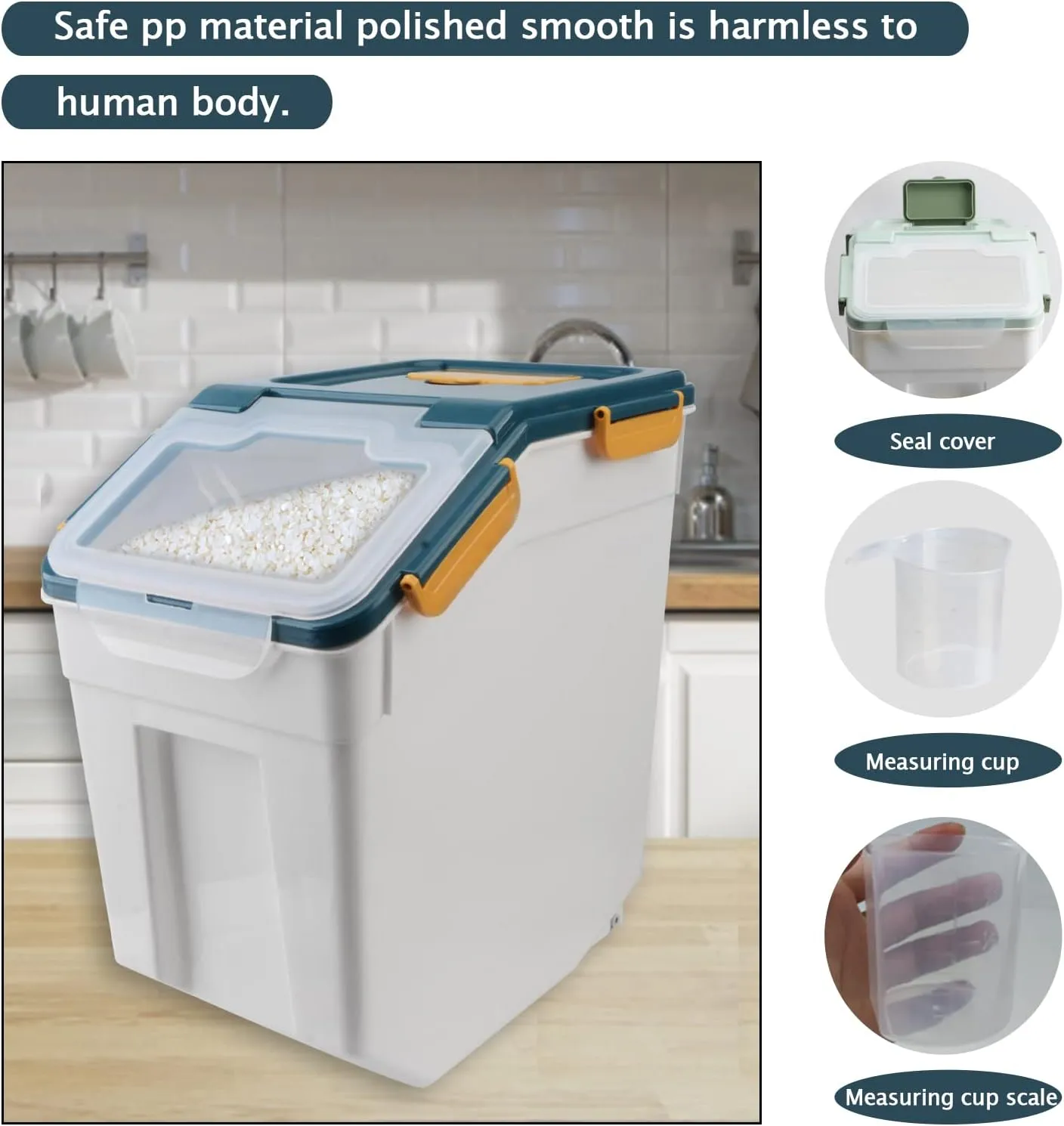 Rice Container 25 lbs Airtight Flour Storage Containers with Wheels Seal Locking Lid, BPA Free, Rice Bin with Measuring Cup & Scoop for Flour, Sugar, Cereal (2 Pack Blue)