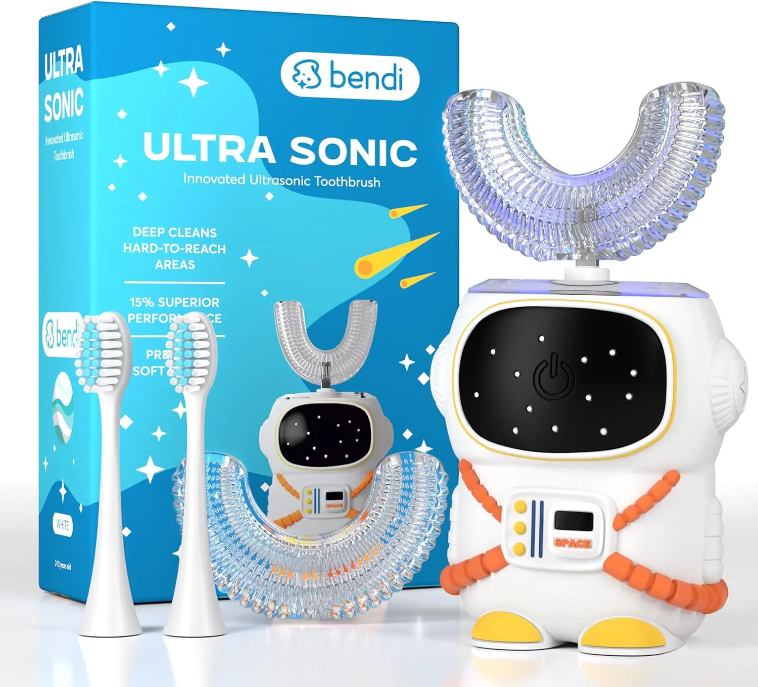 Sensory 360 Round U-Shaped Astronaut Design Mouthguard Electric Toothbrush for Kids Ages 2-7 - Automatic Memory Function - 5 Modes Toothbrush with Multiple Heads – Kids Travel Essentials (Blue)
