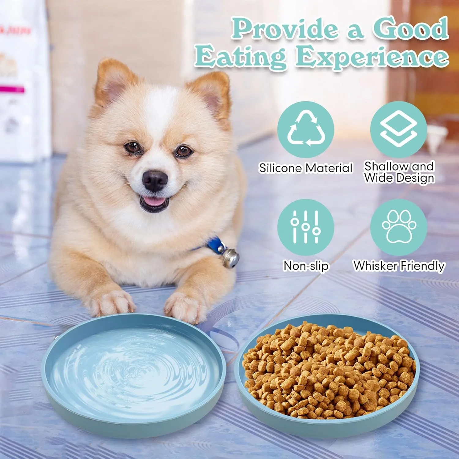 Silicone Dog Bowl Shallow Cat Food Bowls 7" Wide Puppy Plates Whisker Fatigue Pet Feeding Dishes Set of 2 for Dry and Wet Food Indoor (Round Blue)