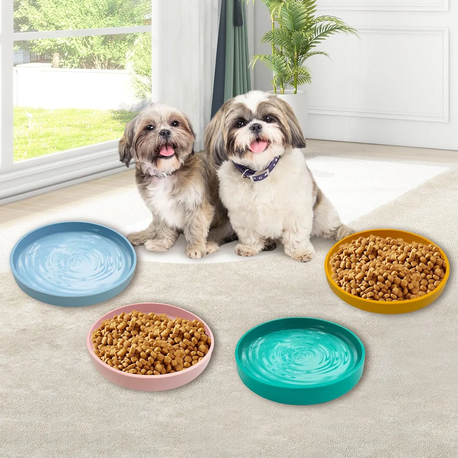 Silicone Dog Bowl Shallow Cat Food Bowls 7" Wide Puppy Plates Whisker Fatigue Pet Feeding Dishes Set of 2 for Dry and Wet Food Indoor (Round Blue)