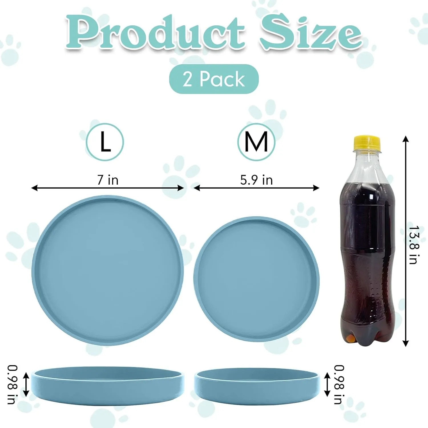 Silicone Dog Bowl Shallow Cat Food Bowls 7" Wide Puppy Plates Whisker Fatigue Pet Feeding Dishes Set of 2 for Dry and Wet Food Indoor (Round Blue)