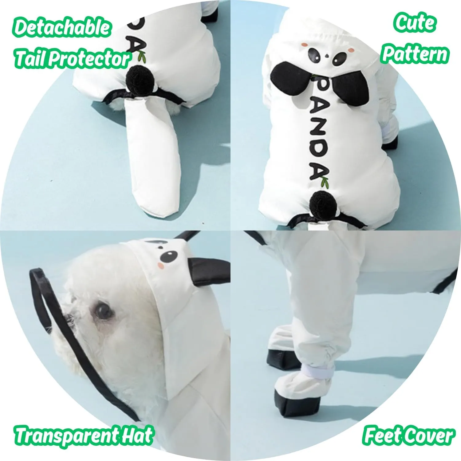 Small Dog Raincoat, Tail Protect Feet Cover Waterproof Dog Rain Jacket for Puppy, Panda, L
