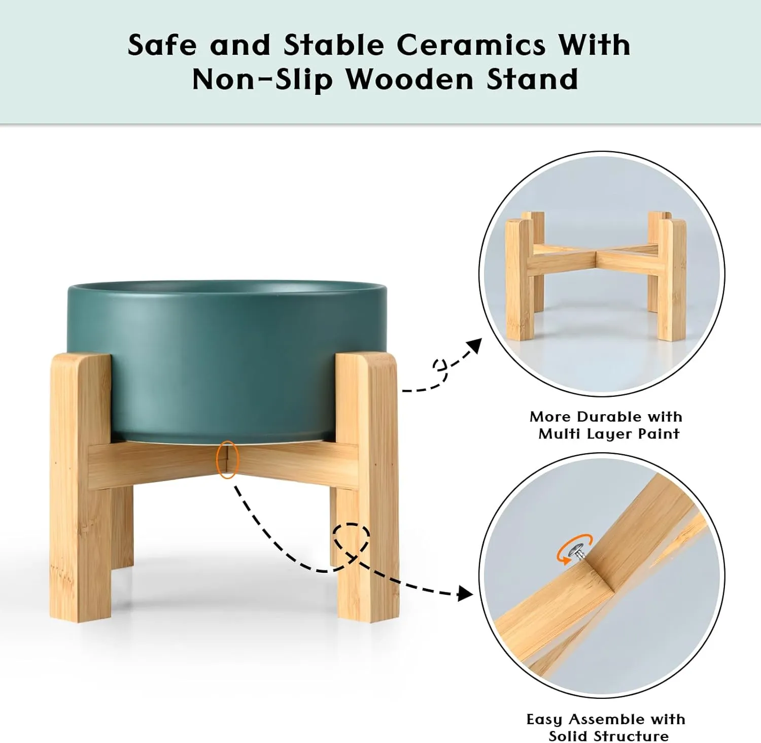 SPUNKYJUNKY Ceramic Elevated Dog Bowls 2 Pack - 5.1inch Raised Dog Bowls with Non-Slip Wooden Stand for Small Dogs Dishwasher Safe(Green,13.5OZ*2)