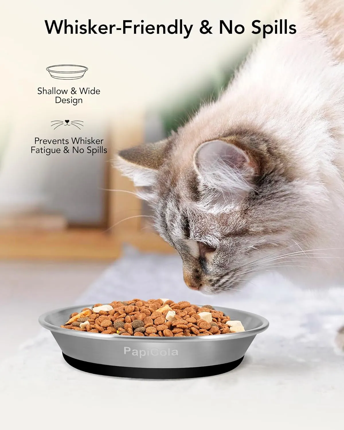 Stainless Steel Cat Bowls 2PCS, Non-Slip cat Food Dishes, Metal Cat Food and Water Bowls, Whisker Friendly with Wide and Shallow Design, 6.3'' Wide, 0.7mm Thick Steel, Pet Dish for Kitten and Dog