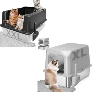Stainless Steel Cat Litter Box with Lid/Stainless Steel Jumbo Open Cat Litter Box, XXL 28"x20.5"x14" for Large Cats & Multi-Cat Households