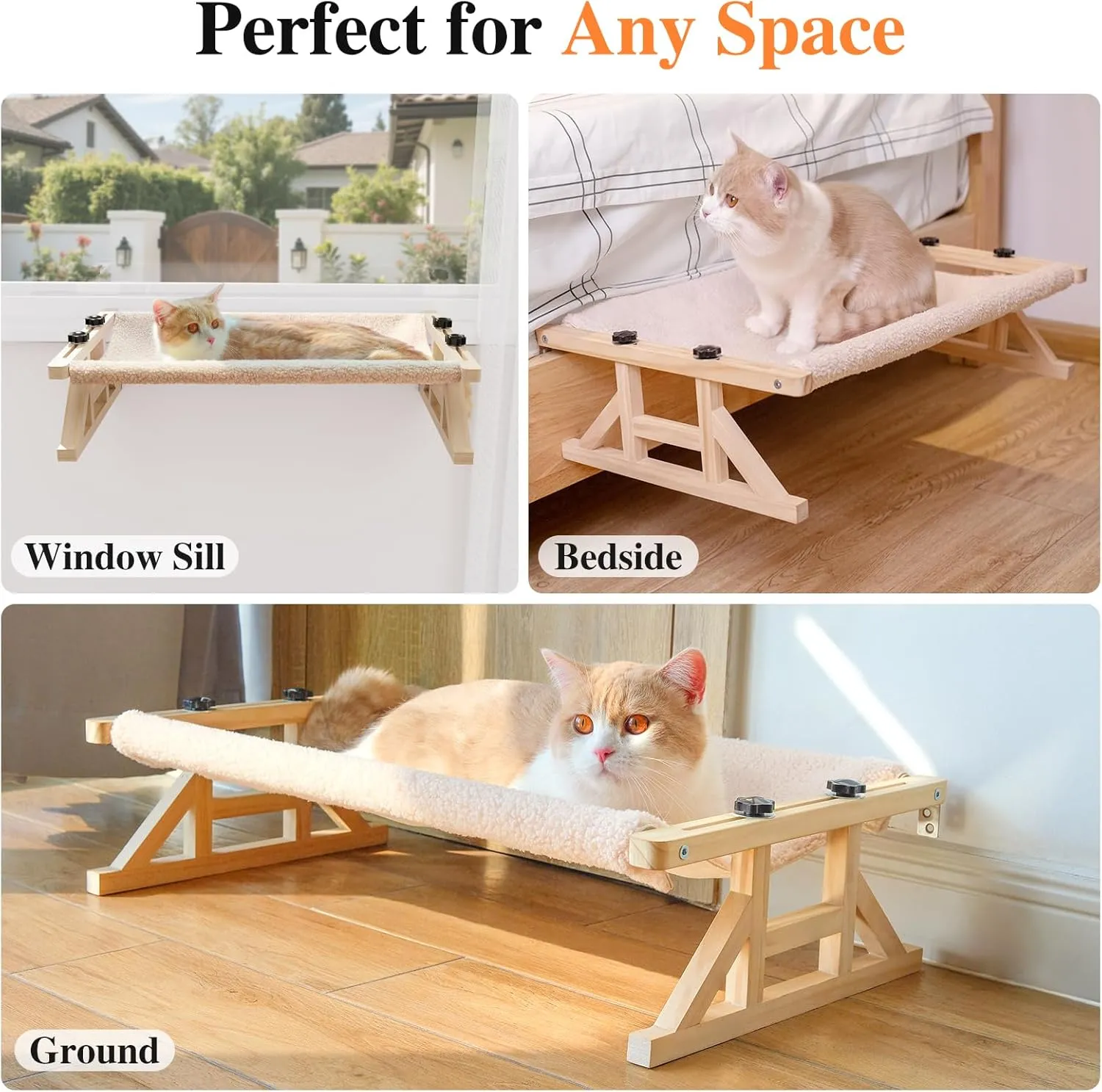 Tresbro 2-IN-1 Cat Window Perch & Elevated Cat Hammock, 15.7"W * 10.2"H * 26"L Wooden Frame Pet Bed for Large Indoor Cats, Easy Setup, Adjustable, No Drilling, Cats Seat for Window, Bedside, Ground
