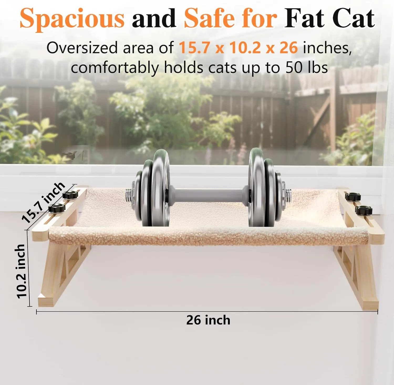 Tresbro 2-IN-1 Cat Window Perch & Elevated Cat Hammock, 15.7"W * 10.2"H * 26"L Wooden Frame Pet Bed for Large Indoor Cats, Easy Setup, Adjustable, No Drilling, Cats Seat for Window, Bedside, Ground
