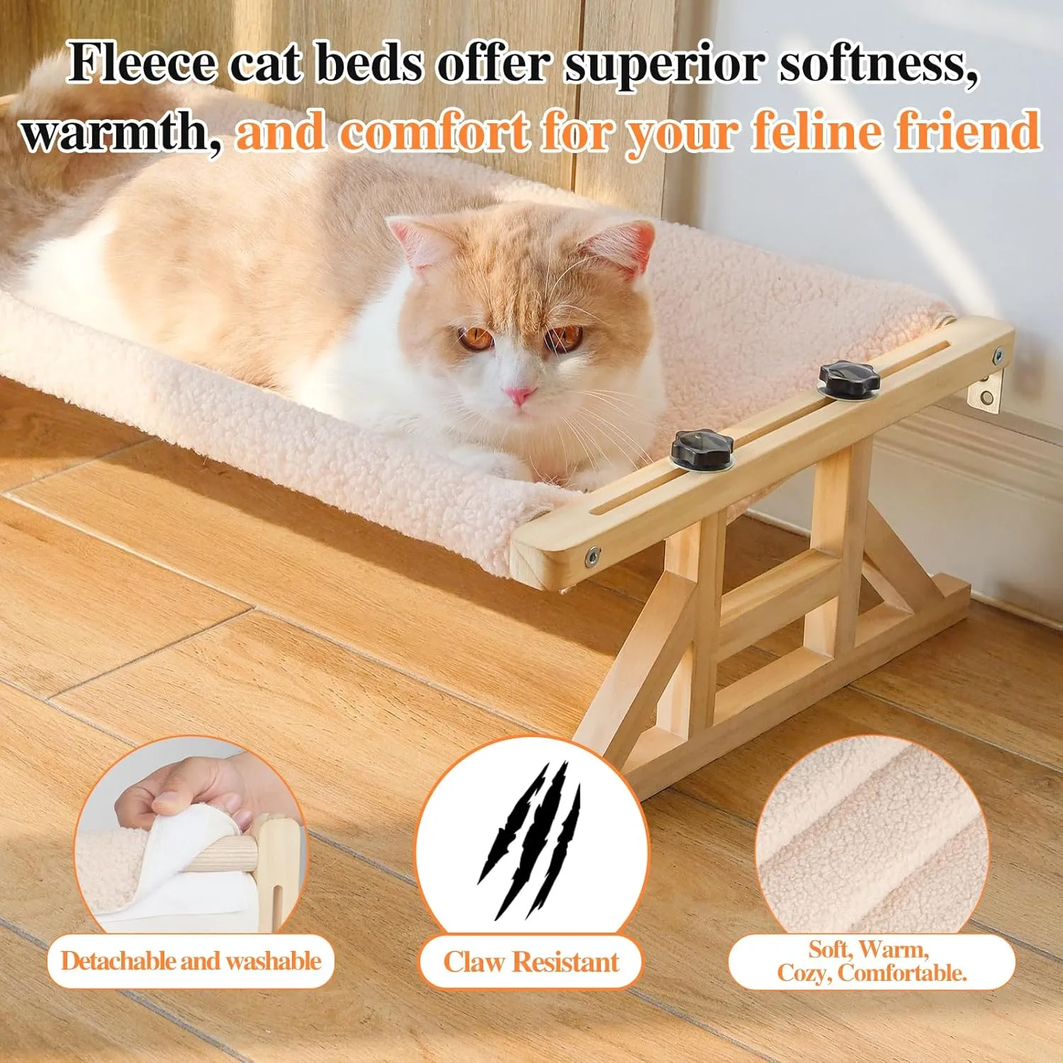 Tresbro 2-IN-1 Cat Window Perch & Elevated Cat Hammock, 15.7"W * 10.2"H * 26"L Wooden Frame Pet Bed for Large Indoor Cats, Easy Setup, Adjustable, No Drilling, Cats Seat for Window, Bedside, Ground