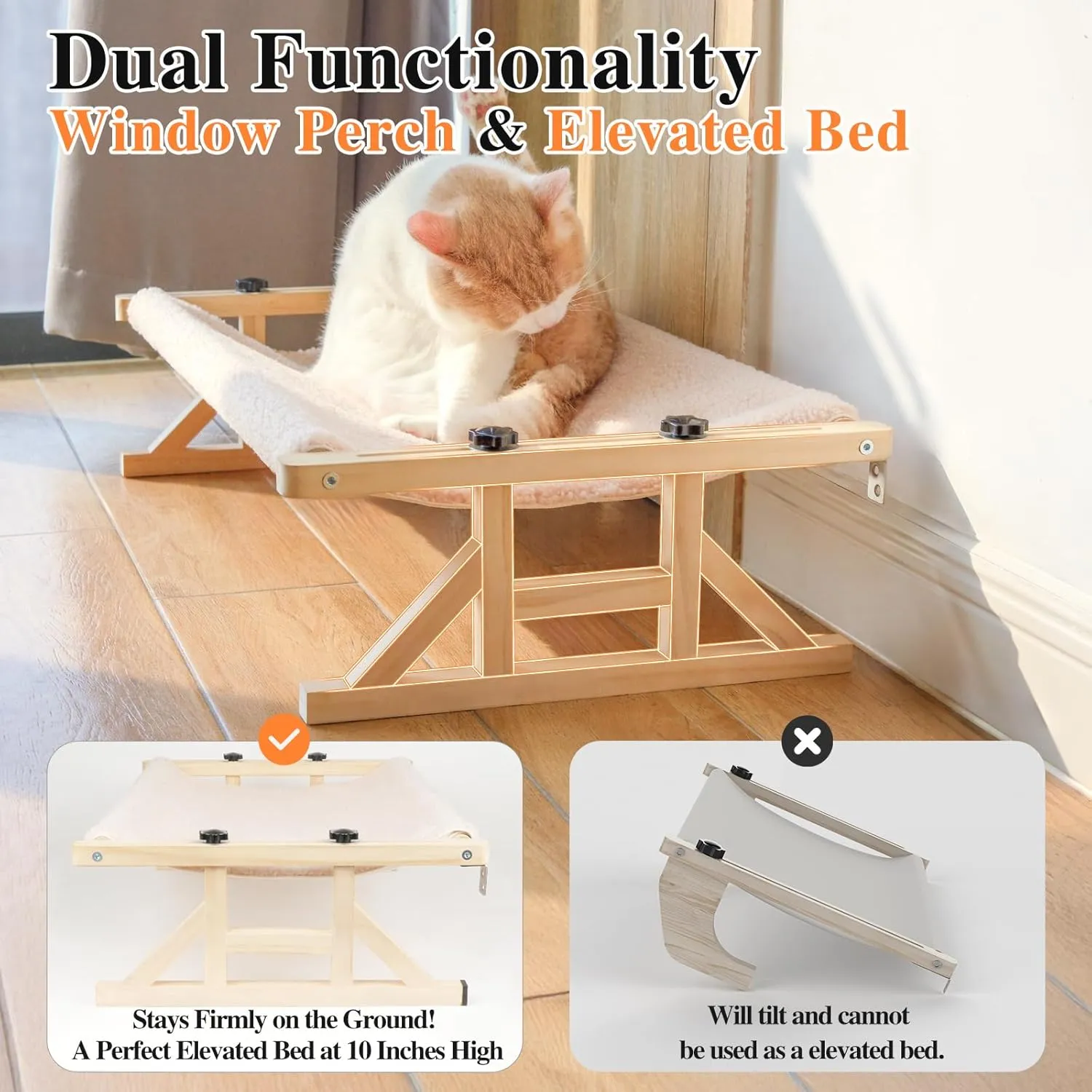 Tresbro 2-IN-1 Cat Window Perch & Elevated Cat Hammock, 15.7"W * 10.2"H * 26"L Wooden Frame Pet Bed for Large Indoor Cats, Easy Setup, Adjustable, No Drilling, Cats Seat for Window, Bedside, Ground