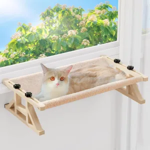 Tresbro 2-IN-1 Cat Window Perch & Elevated Cat Hammock, 15.7"W * 10.2"H * 26"L Wooden Frame Pet Bed for Large Indoor Cats, Easy Setup, Adjustable, No Drilling, Cats Seat for Window, Bedside, Ground