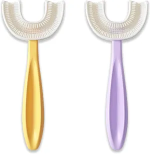 U Shaped Toothbrush Kids 6-12 Years Old - Two Soft Toothbrushes with Travel Case & Sensory Brushing - Rounded Kids Size Head - 1 Purple, 1 Yellow