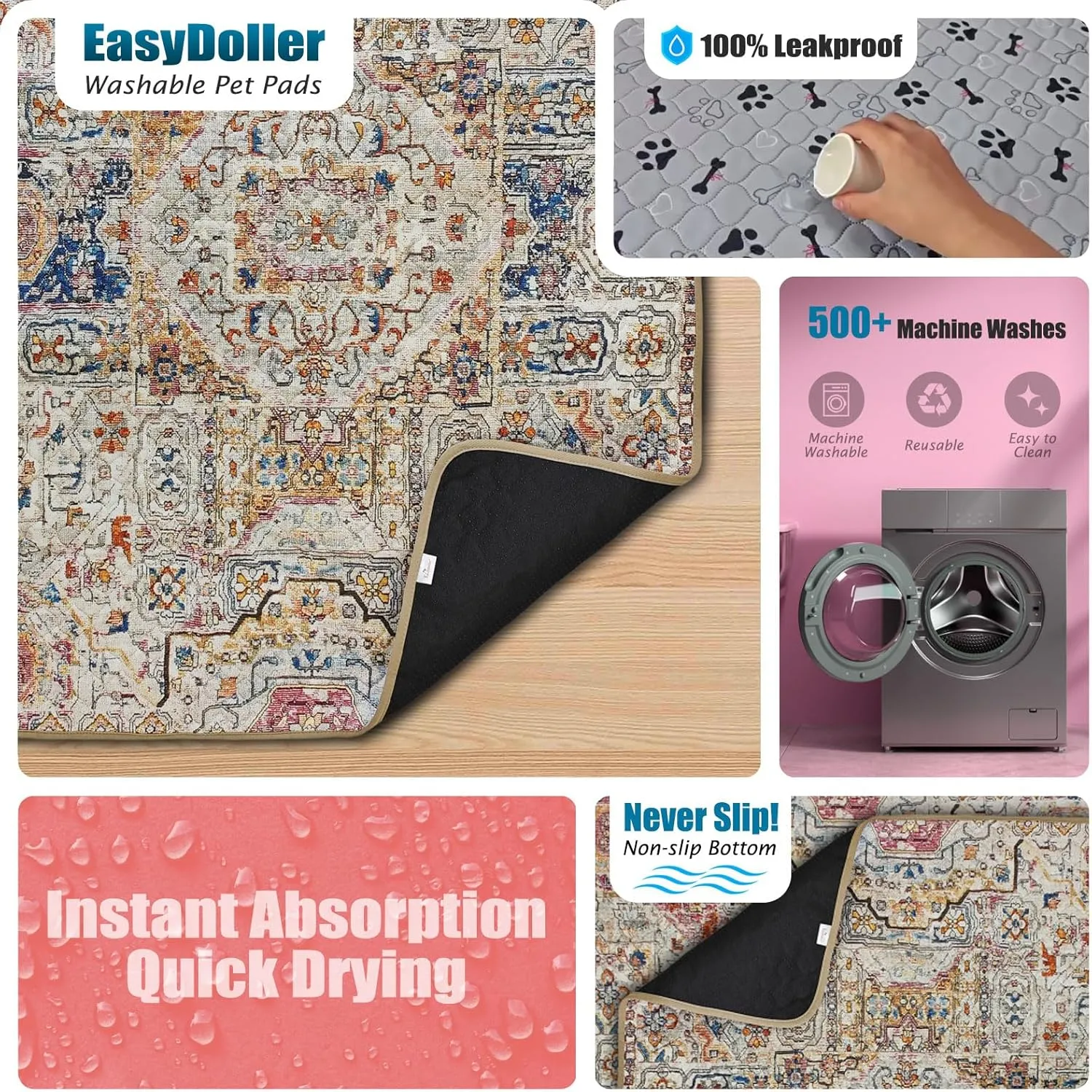 Washable Pee Pads for Dog - 2 Pcs 35"x47" Bohemian Style Superior Reusable Pet Training Pads - Waterproof Pads Protects Against Urine Leakage Non-Slip Grip Prevents Slipping & Bunching