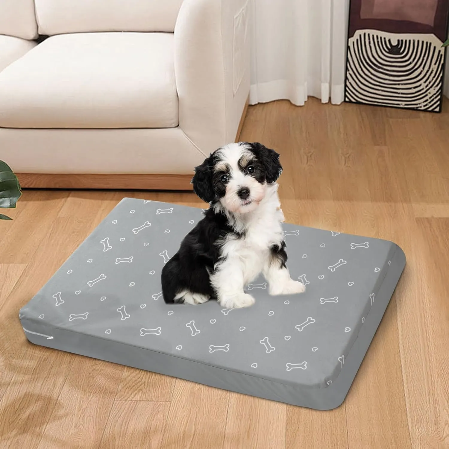 Waterproof Dog Bed Cover, Removable Dog Bed Covers Replacement Washable with Smooth Zipper, Indoor/Outdoor Washable Bone Print Pet Bed Cover for Cat, 20 x 30 x 3 Inch, Cover Only