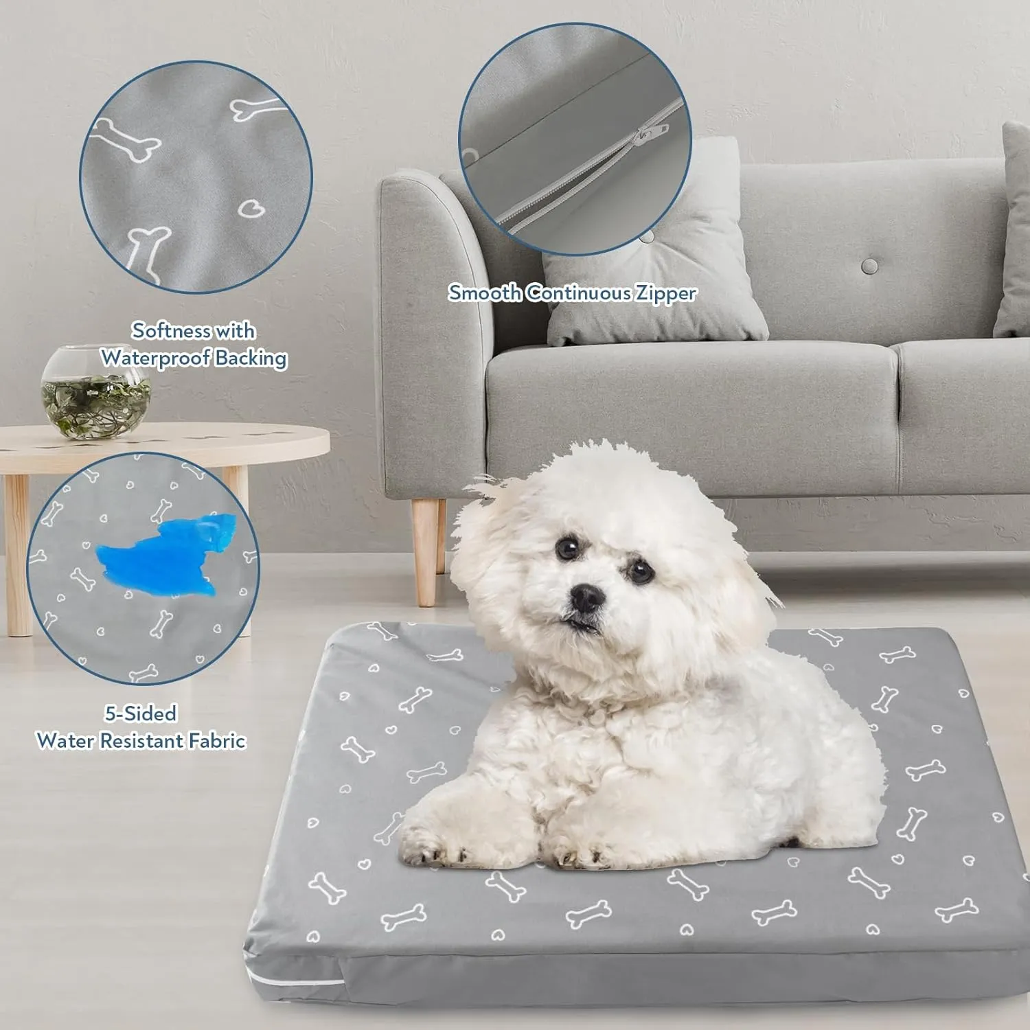 Waterproof Dog Bed Cover, Removable Dog Bed Covers Replacement Washable with Smooth Zipper, Indoor/Outdoor Washable Bone Print Pet Bed Cover for Cat, 20 x 30 x 3 Inch, Cover Only