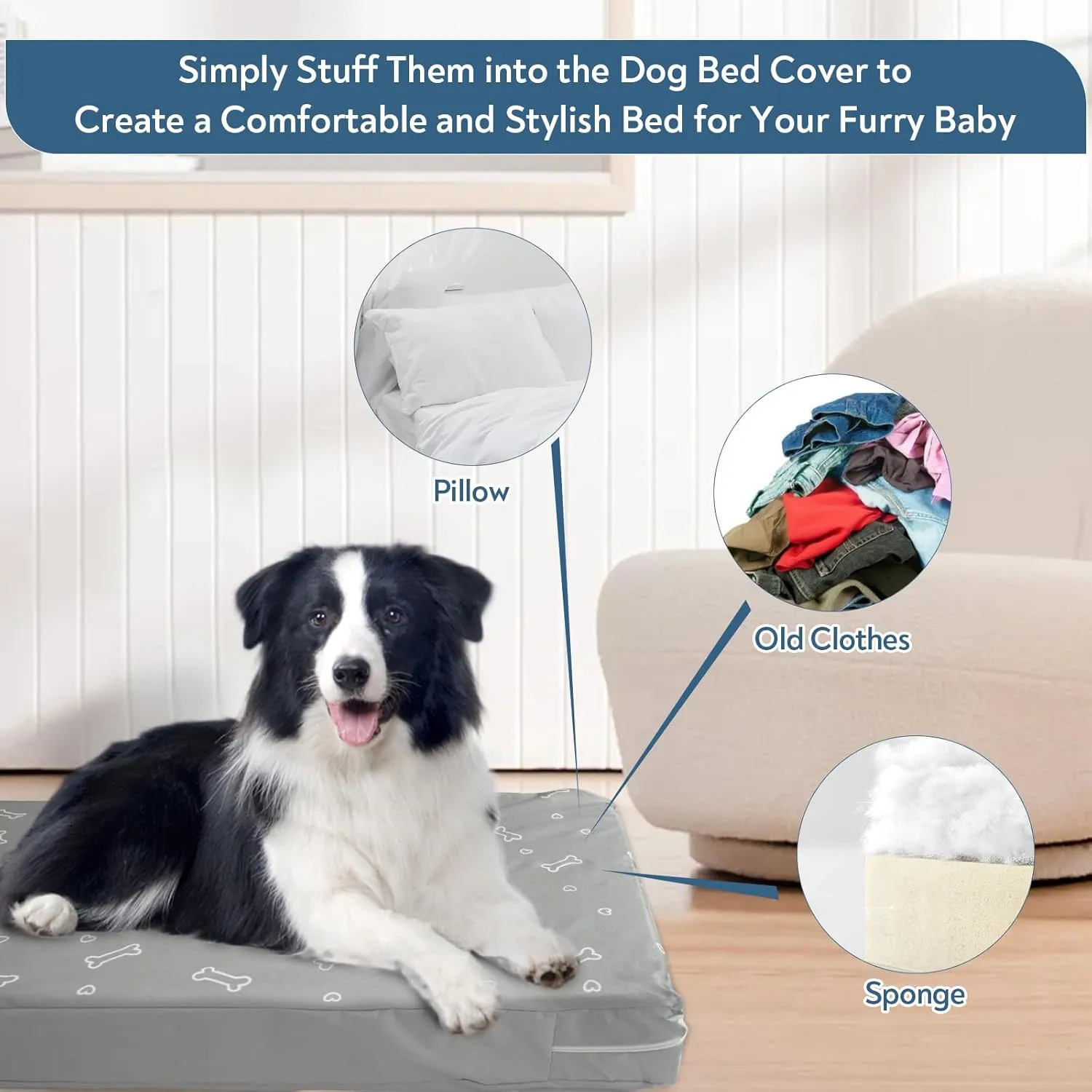 Waterproof Dog Bed Cover, Removable Dog Bed Covers Replacement Washable with Smooth Zipper, Indoor/Outdoor Washable Bone Print Pet Bed Cover for Cat, 20 x 30 x 3 Inch, Cover Only