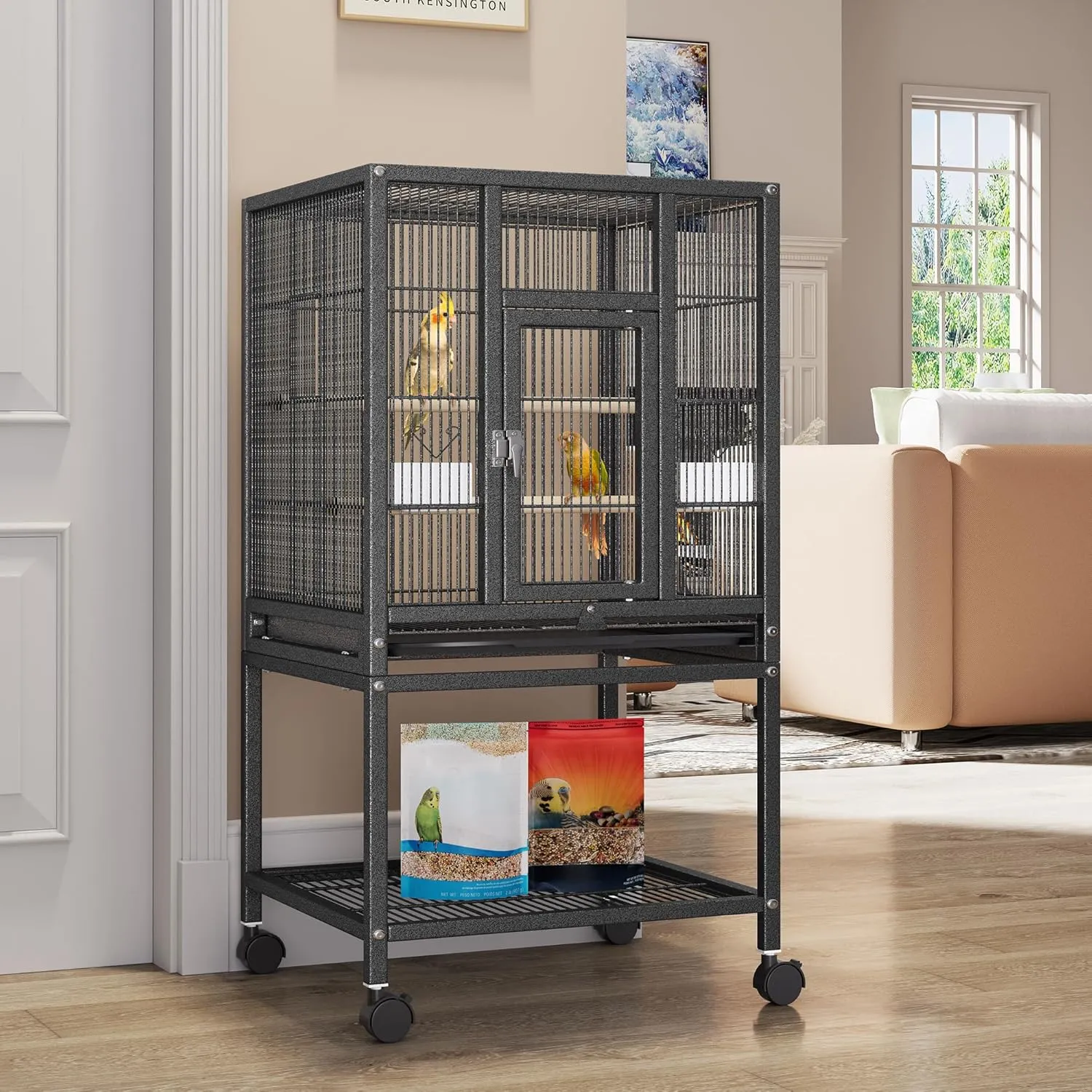 YITAHOME 41 inches Metal Bird Cage for Parakeets: Large Parrot Cages with Tray, Food Boxes, and Wooden Perches with Rolling Stand & Brakes for Lovebirds Cockatiels Pigeon Finches, Black